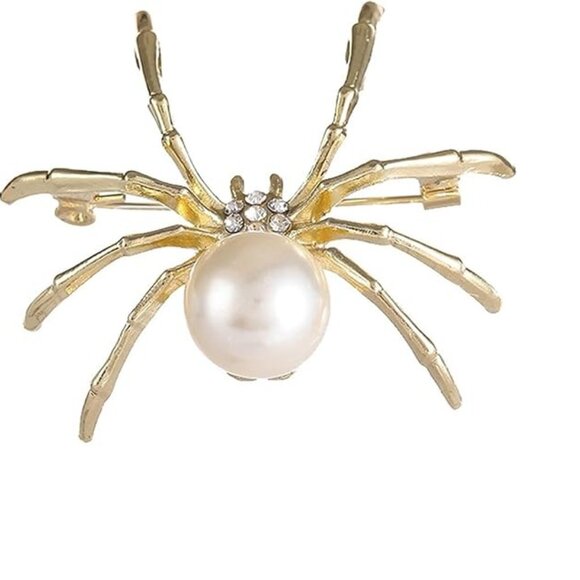 Gold Tone Alloy Spider Pin Brooch Faux White Pearl Gothic Halloween Rhinestones - Picture 2 of 8